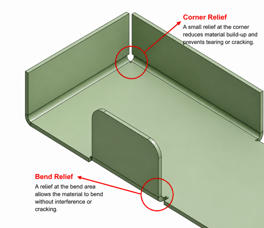 Sheet metal DFM design illustration showing bend relief and corner relief features used to prevent bending interference, material buildup, and cracking during sheet metal fabrication.