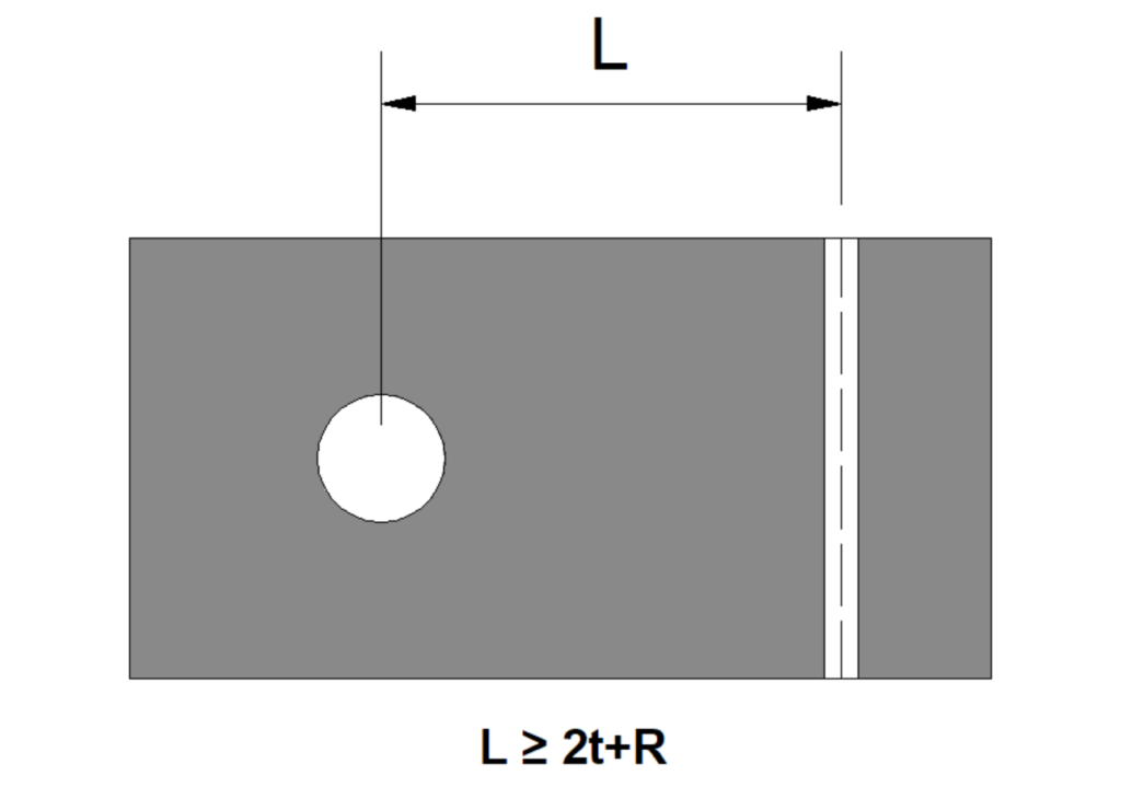 Sheet metal DFM design guideline showing the recommended hole distance from the bend line (L ≥ 2t + R) to prevent hole distortion, position deviation, and assembly problems during bending.