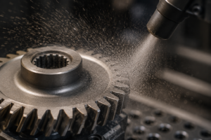 a metal part undergoing shot peening with high-speed spherical media to improve fatigue resistance.
