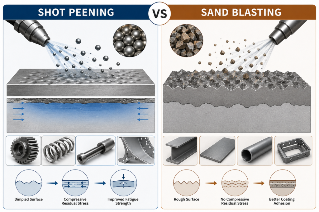 comparison diagram of shot peening and sand blasting, showing spherical shot creating surface dimples and compressive residual stress versus angular abrasive media creating a roughened surface for coating adhesion.