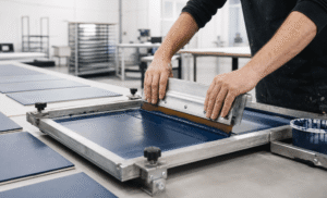 Silk screen printing process on a flat product panel in a workshop.