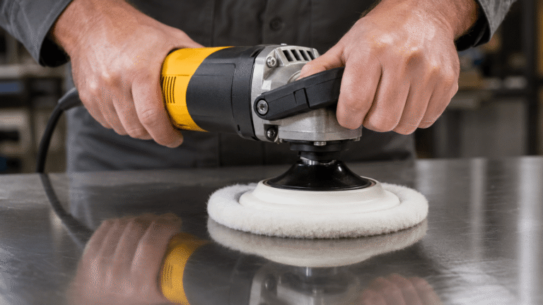 Technician buffing a stainless steel surface with a handheld rotary polisher and wool polishing pad