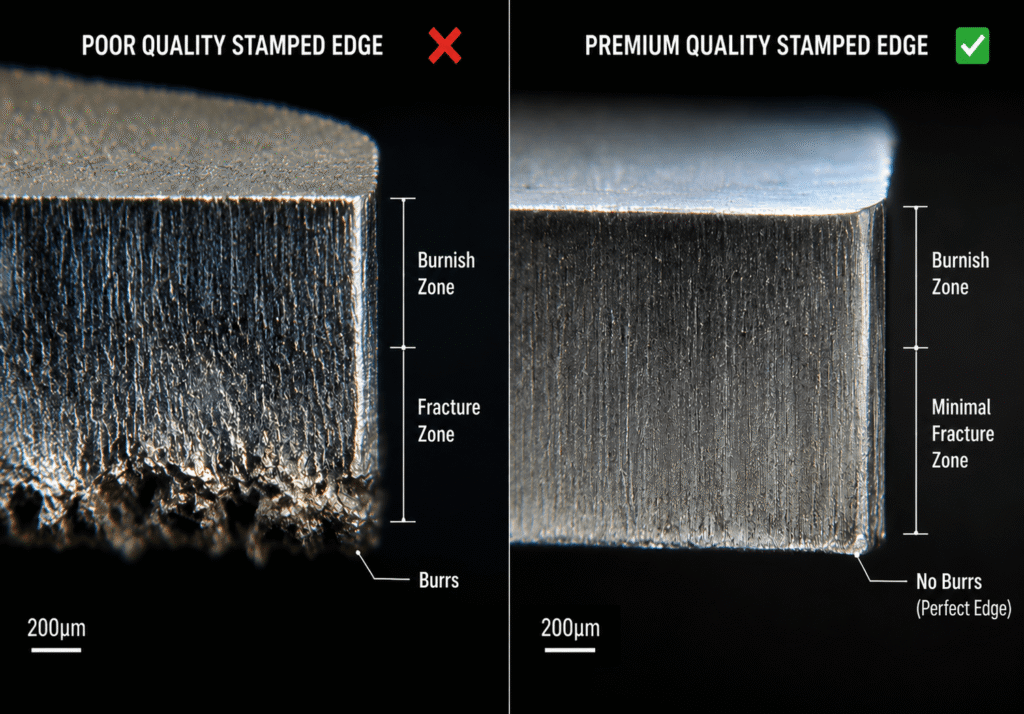 High precision comparison of stamped metal edge quality showing burr formation versus burr-free precision cutting edge in sheet metal stamping process