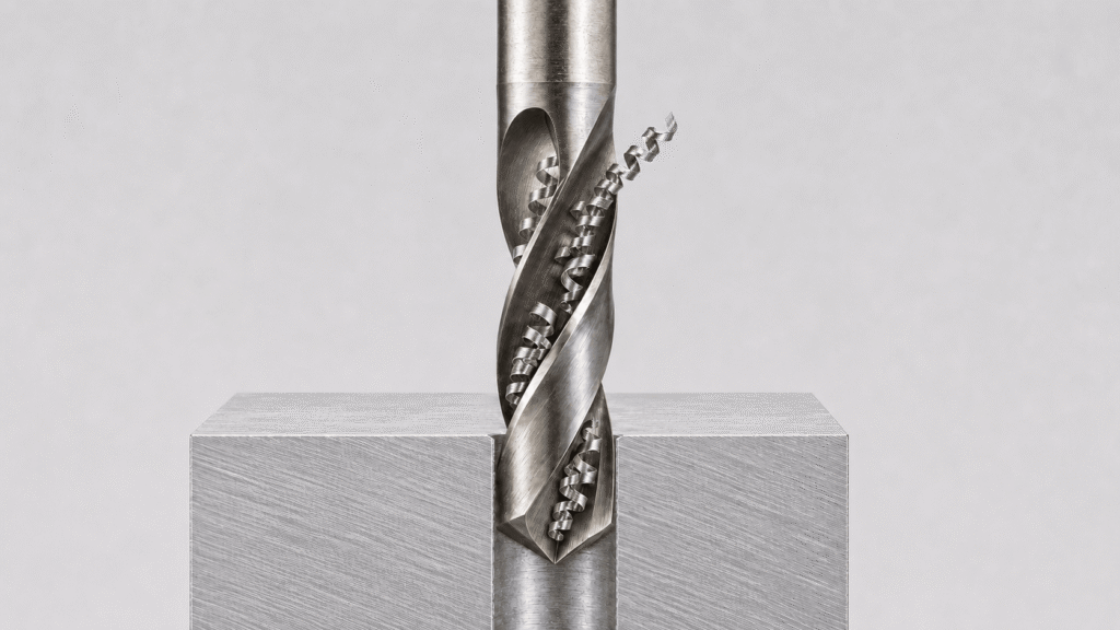 Curled metal chips exiting the helical flutes of a twist drill during metal drilling