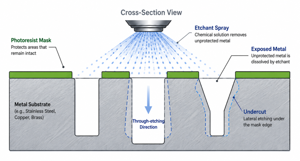 Cross-section diagram of photochemical etching showing a photoresist mask protecting selected areas of a metal substrate while etchant spray removes exposed metal and creates through-etched openings with undercut.