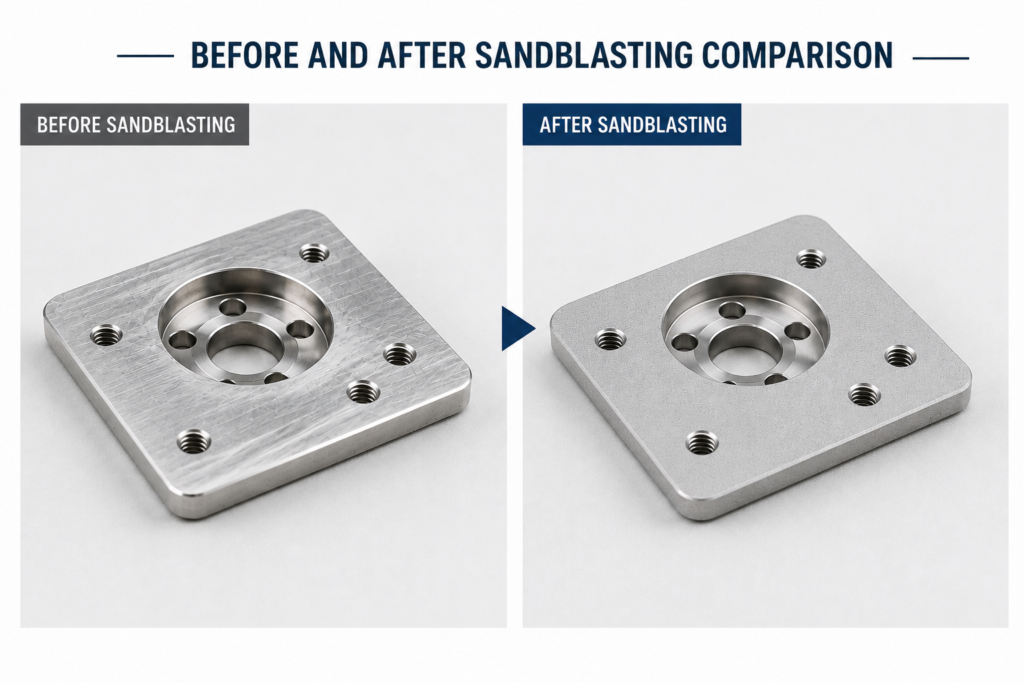 Before and after sandblasting comparison of a bent sheet metal stamping bracket and a metal part.