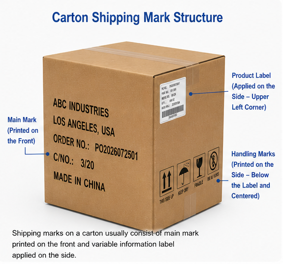 Export carton showing fixed handling marks and a separate variable product label