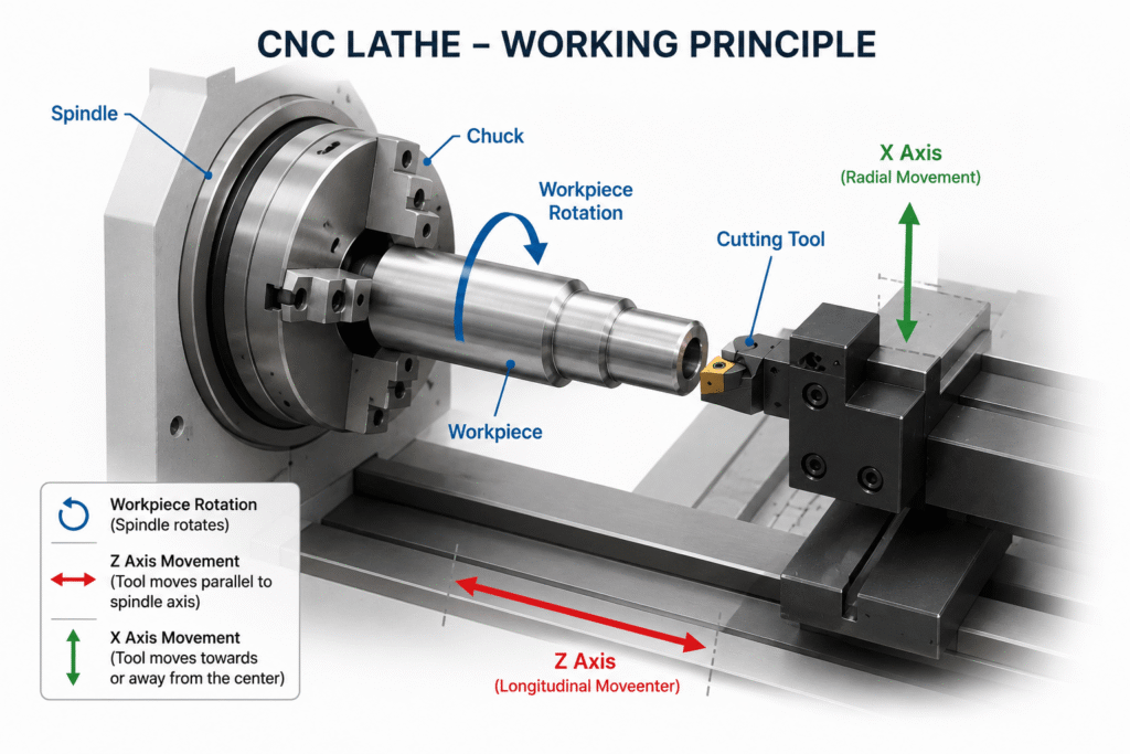 CNC lathe working principle diagram showing spindle, chuck, rotating workpiece, cutting tool, X axis radial movement and Z axis longitudinal movement.
