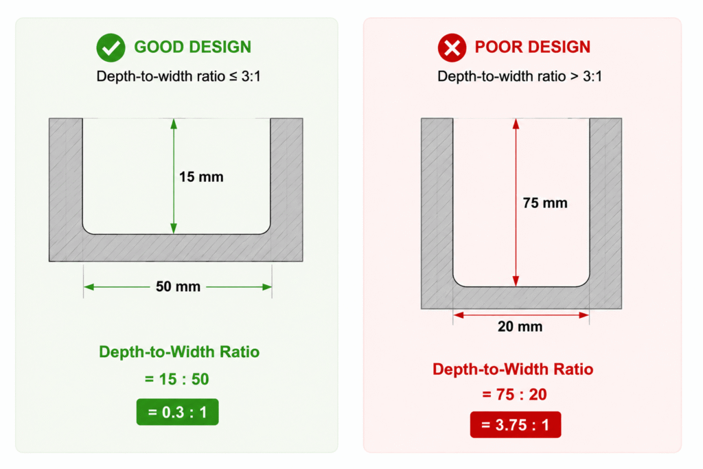 CNC milling DFM guideline showing recommended cavity depth-to-width ratio and poor deep pocket design comparison