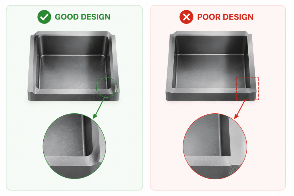 CNC milling DFM design guide comparing rounded internal corners and sharp 90 degree corners for better manufacturability