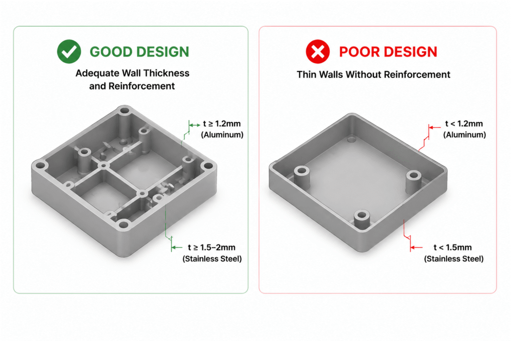 CNC milling DFM design guideline comparing proper wall thickness with thin wall design to prevent machining deformation