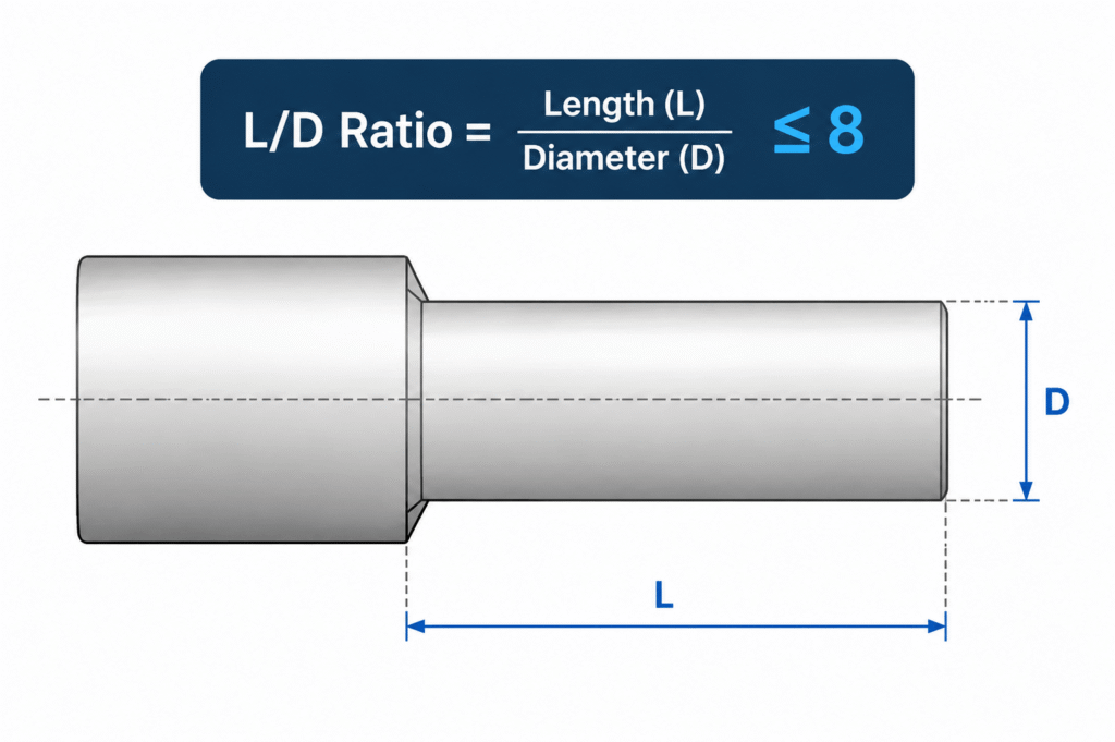 CNC Turning design guide showing length-to-diameter ratio (L/D ratio) calculation with shaft length L and diameter D, recommended to keep L/D below 8:1 to reduce deflection and vibration.