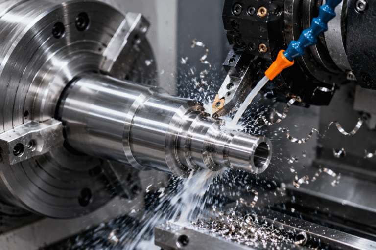 Close-up of CNC turning machining a stainless steel shaft with coolant spraying, carbide cutting tool engaging the rotating workpiece and metal chips produced during precision CNC lathe machining.