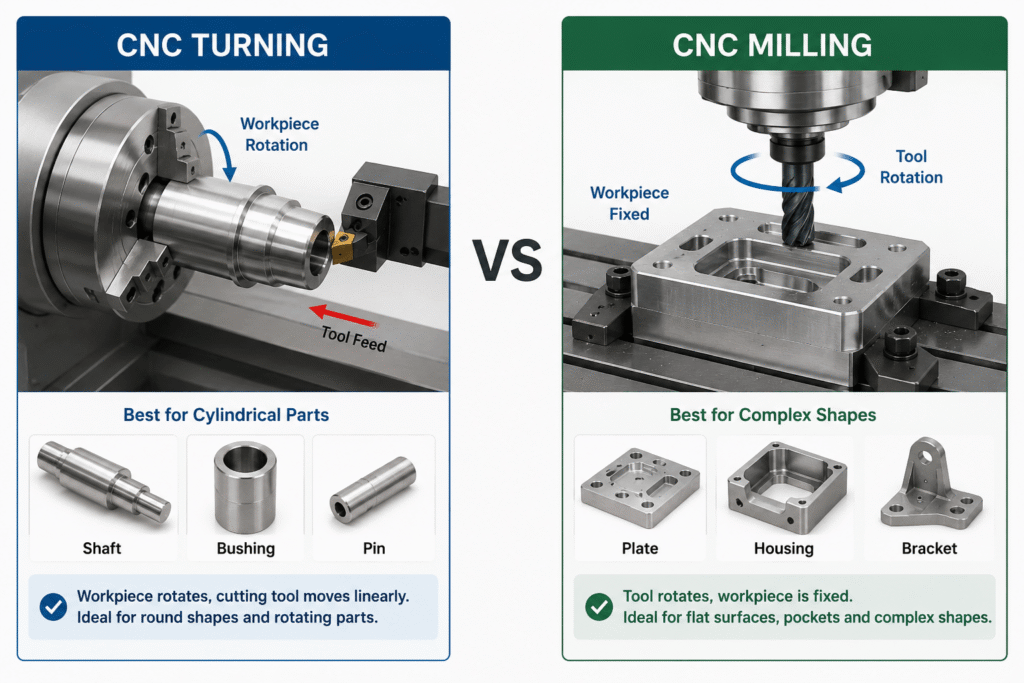 CNC Turning vs CNC Milling comparison diagram showing workpiece rotation for turning and tool rotation for milling, with typical parts such as shafts, bushings, plates, housings and brackets.