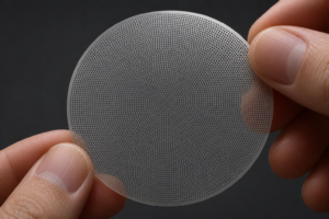 Ultra-thin circular photochemical etched metal disc with densely packed, uniform micro round holes and extremely fine webs, held between two fingers.