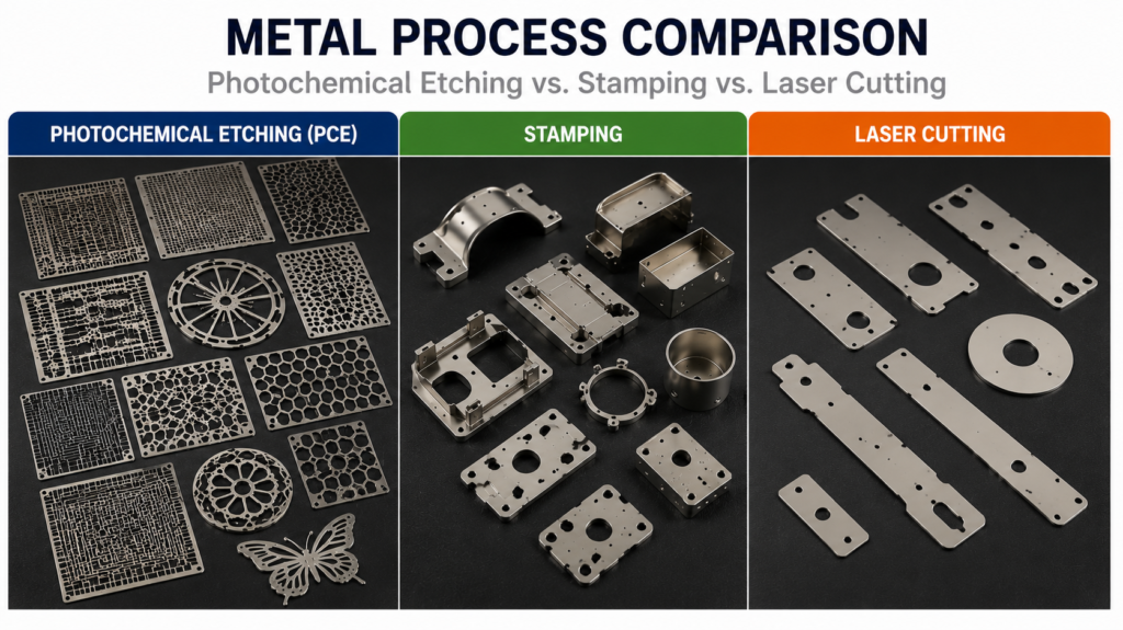 Comparison of photochemical etching, metal stamping, and laser cutting, showing complex etched patterns, formed stamped parts, and simple thin laser-cut metal profiles.