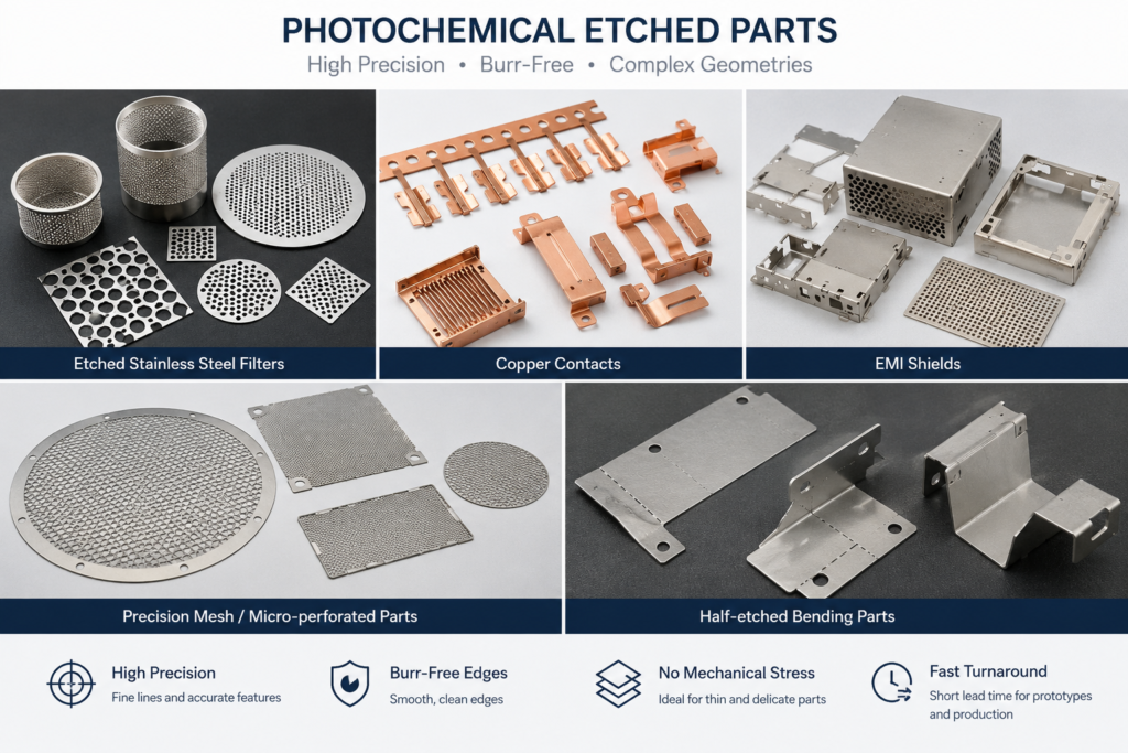 Photochemical etched metal parts including stainless steel filters, copper contacts, EMI shields, precision mesh, and half-etched bending components.