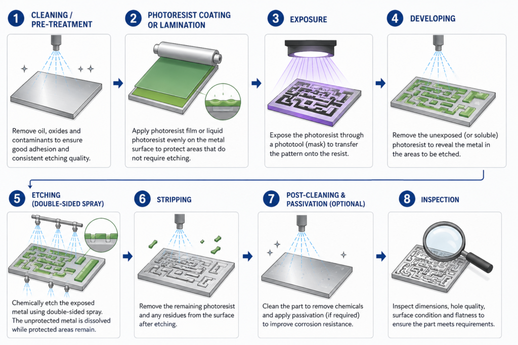 Process of a steel sheet with intricate holes, slots, and circuit-like patterns being spray-etched in an industrial chemical etching tank.