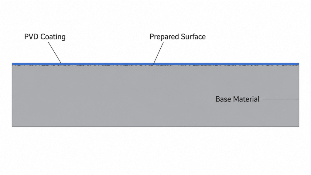 Cross-section showing a thin PVD coating deposited over the prepared surface of a metal base material.