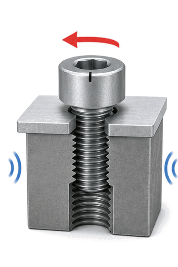 Animated diagram showing a screw rotating counterclockwise and gradually loosening under vibration