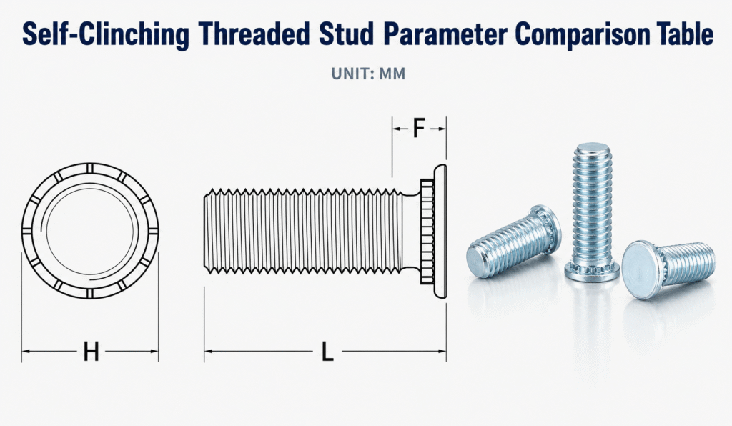 Self-clinching threaded stud dimensions showing F, H and L measurements with zinc-plated steel stud examples.