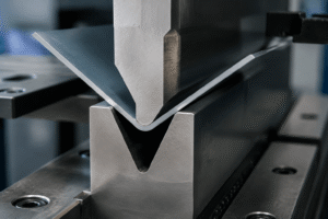 Close-up view of CNC press brake bending process showing a thin sheet metal plate being formed into a V-bend shape with precision tooling.