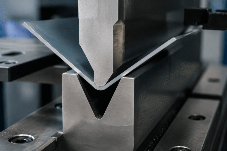 Close-up view of CNC press brake bending process showing a thin sheet metal plate being formed into a V-bend shape with precision tooling.