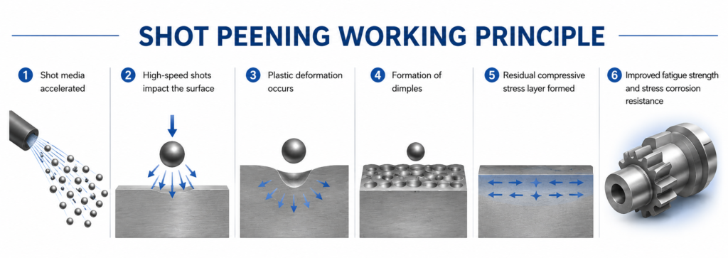 shoot peening working prciple, how it affects the surface microstructure of the metal part.