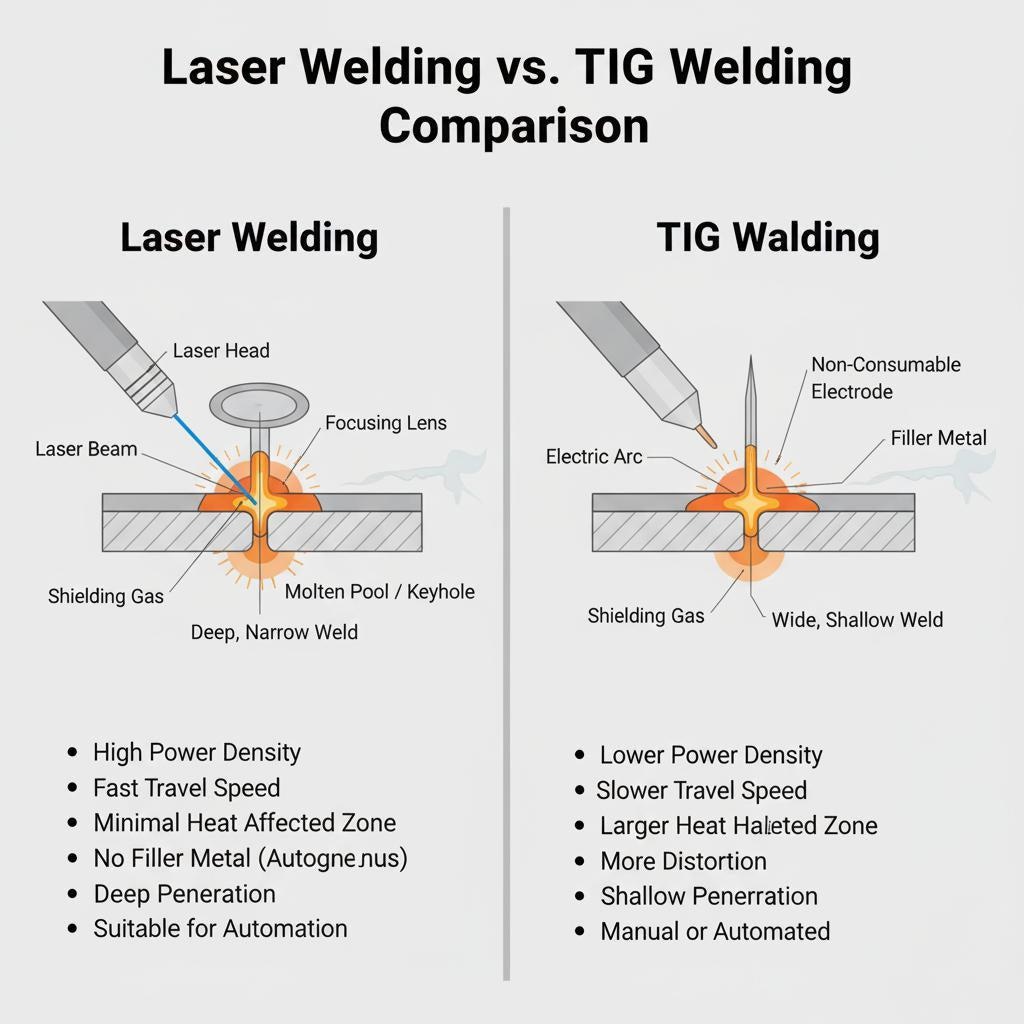 Side-by-side technical comparison infographic between high power density laser welding and traditional TIG welding