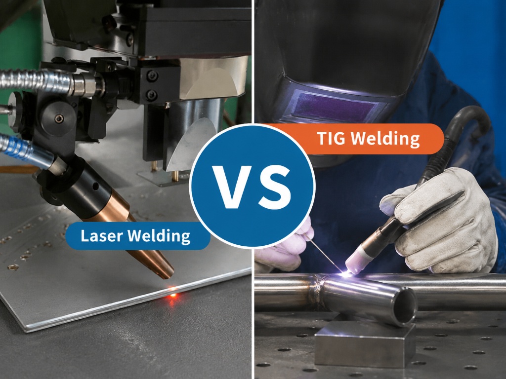 Split-screen photo showing automated robotic laser welding head on sheet metal on the left vs manual TIG welder working on stainless steel pipe on the right