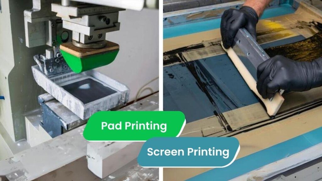 Side-by-side comparison image showing a green silicone pad printing machine on the left and a manual screen printing squeegee process on the right