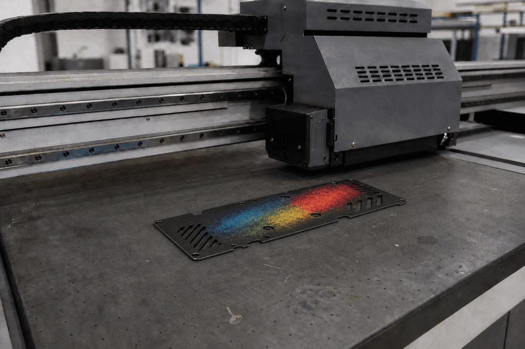 UV printing on a 1.5mm graphics card metal backplate with a flatbed printer