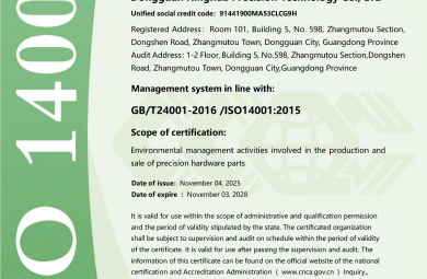 Innoway Precision ISO 14001:2015 certified environmental management system for precision metal parts manufacturing