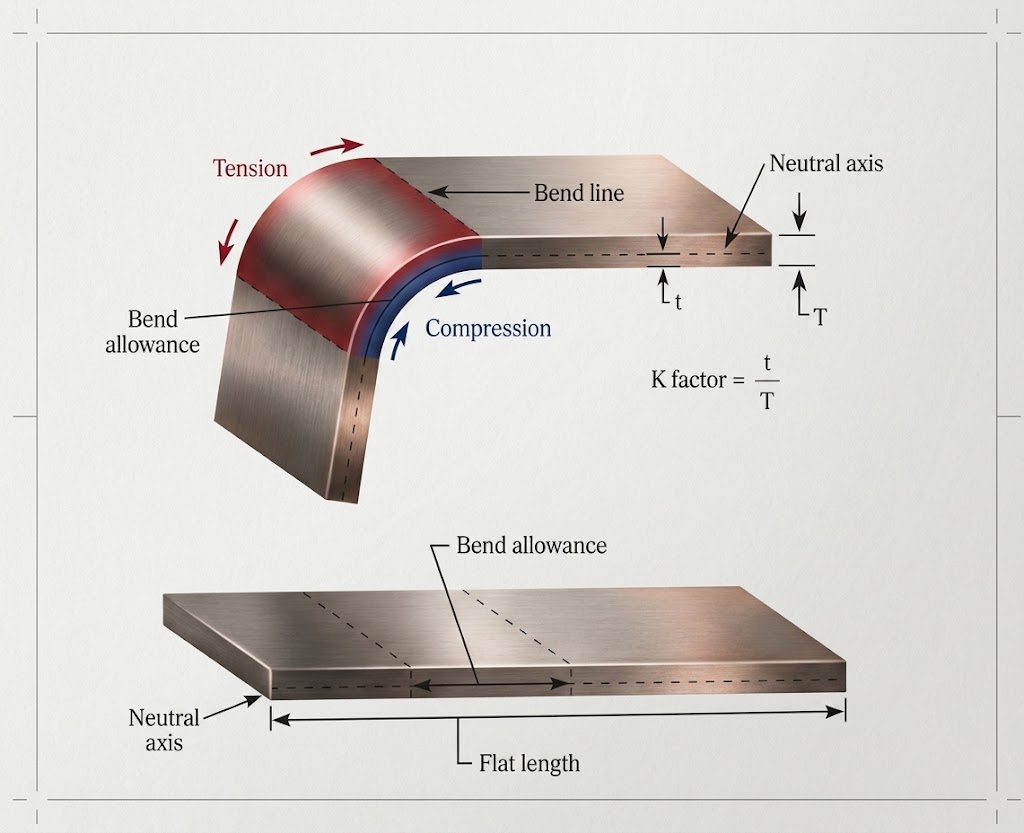 Sheet metal bending diagram showing K-factor calculation formula, neutral axis, bend allowance, tension, and compression forces