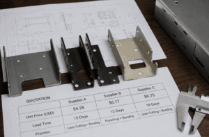 Sheet metal quotation comparison showing fabrication cost differences caused by material, process, tolerance and DFM