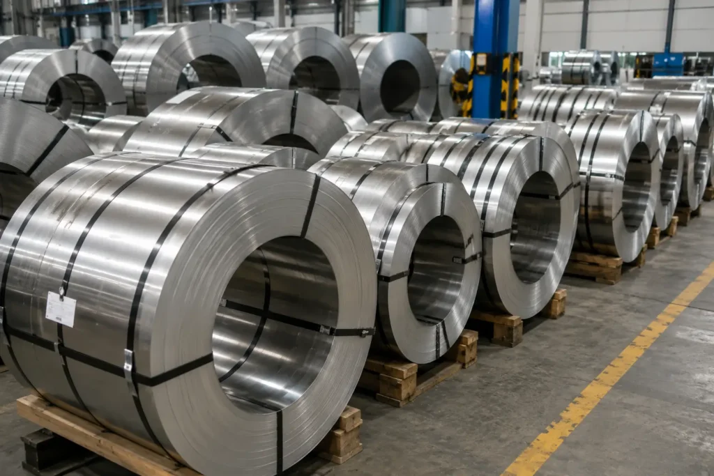 Packaged stainless steel slit coils secured with steel straps after slitting
