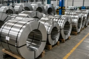 Packaged stainless steel slit coils secured with steel straps after slitting