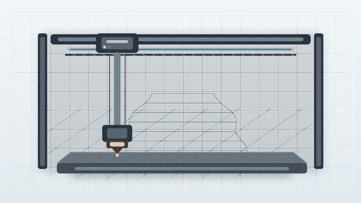 3D printing process showing a moving print head extruding material layer by layer