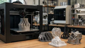 Industrial 3D printing workshop with functional plastic and metal parts