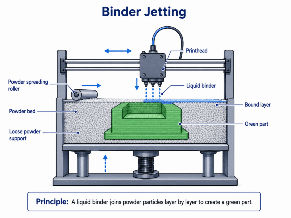 Binder Jetting 3D printing process using liquid binder and powder