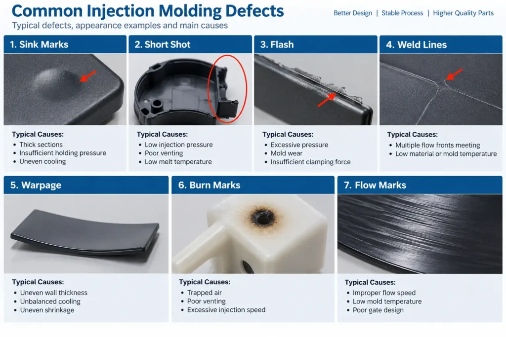 Common injection molding defects including sink marks, short shots, flash, weld lines, warpage, burn marks and flow marks