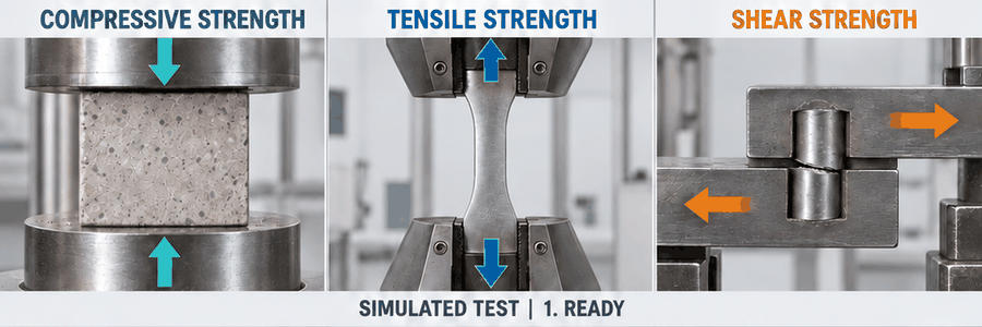 Compressive, tensile and shear strength animation showing concrete cracking, metal necking and pin failure.