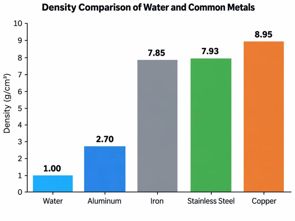 Density comparison of water, aluminum, steel, stainless steel and copper in g/cm³