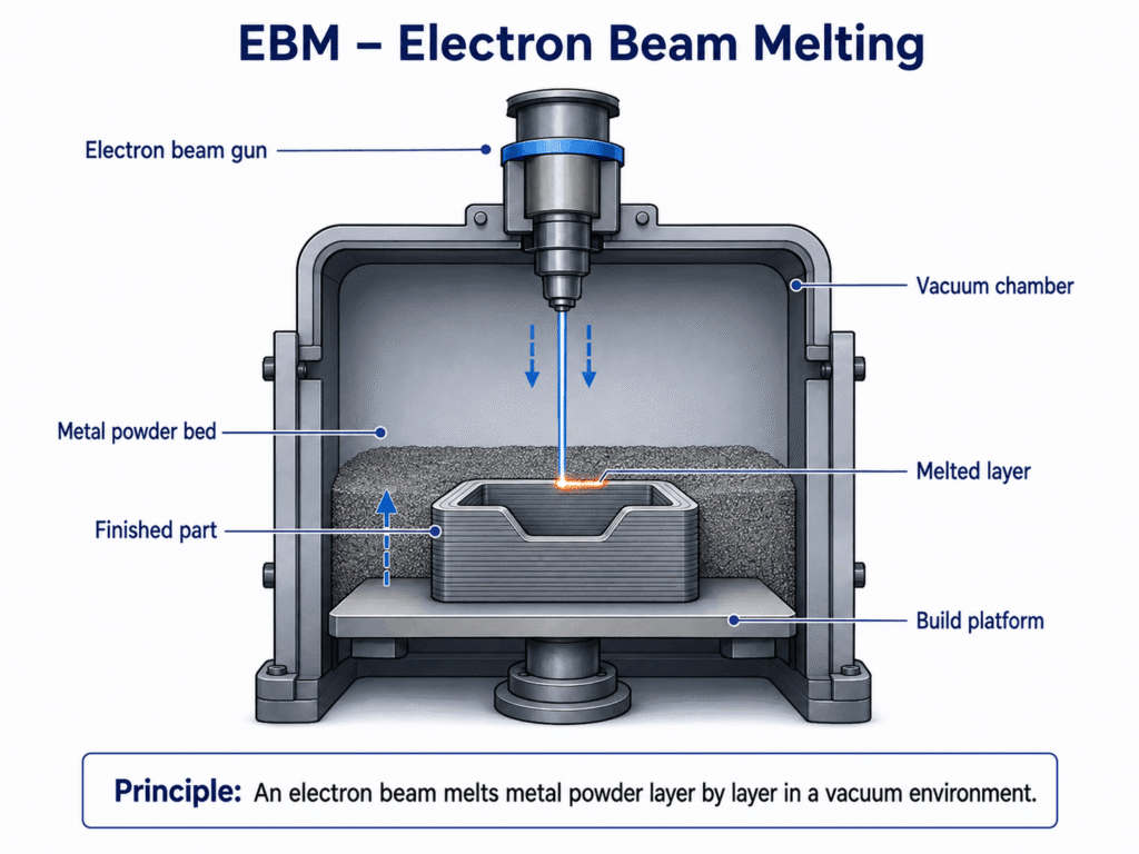 EBM electron beam melting 3D printing process in vacuum chamber