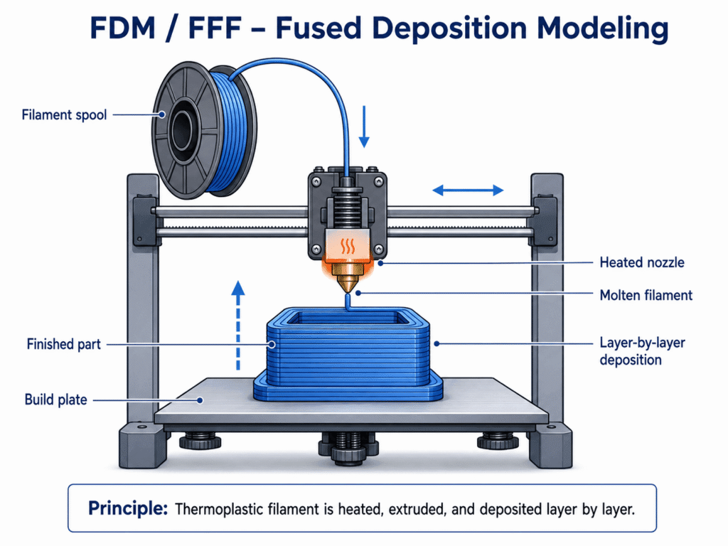 FDM FFF 3D printing process using melted thermoplastic filament