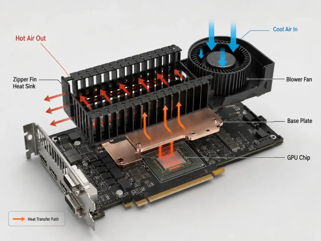 GPU zipper fin heat sink heat transfer path with blower fan and base plate