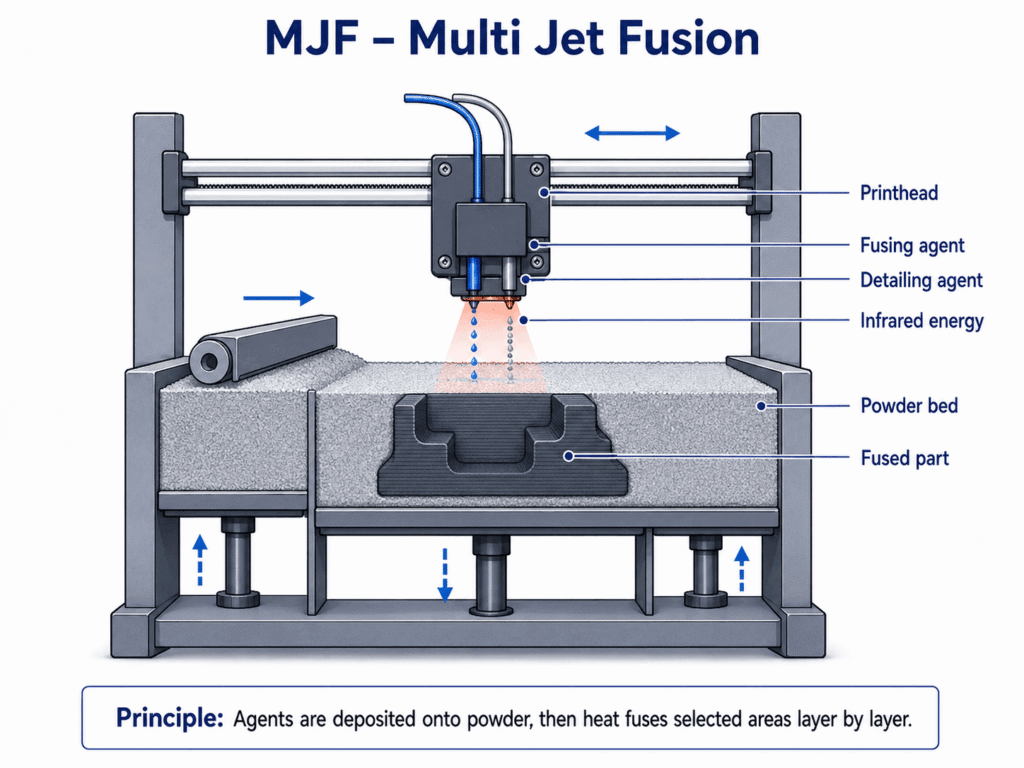 Material Jetting 3D printing process using photopolymer droplets and UV curing