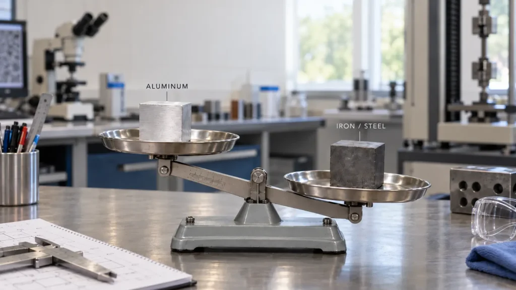 Laboratory balance comparing the density of aluminum and iron steel with equal-size metal cubes