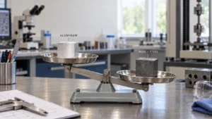 Laboratory balance comparing the density of aluminum and iron steel with equal-size metal cubes