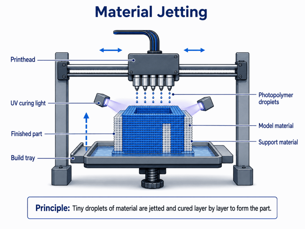 MJF Multi Jet Fusion 3D printing process with fusing agent and powder